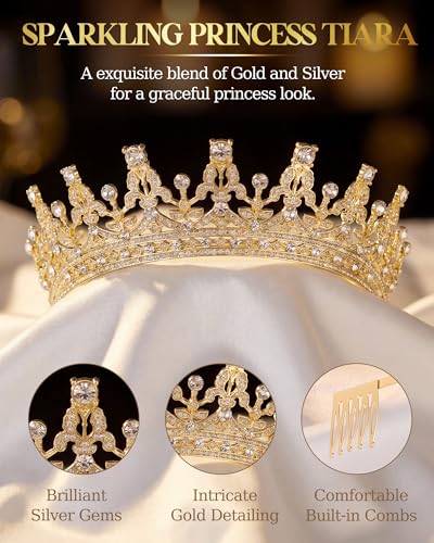 Princess Tiara Crown with Satin Gloves Set Crystal Headpiece for Graduation Prom and Party Photo Props - color: Gold, style: C