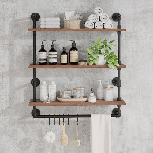 ROGMARS Industrial Pipe Shelving Bathroom Shelves with Towel bar, 24 in Rustic Floating Shelves Pipe Wall Shelf,3 Tier Wall Mounted Shelves with Hook - color: Rustic Brown, size: 24 inch 3 tier