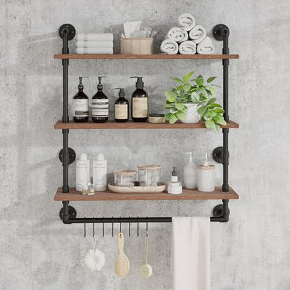 ROGMARS Industrial Pipe Shelving Bathroom Shelves with Towel bar, 24 in Rustic Floating Shelves Pipe Wall Shelf,3 Tier Wall Mounted Shelves with Hook - color: Rustic Brown, size: 24 inch 3 tier