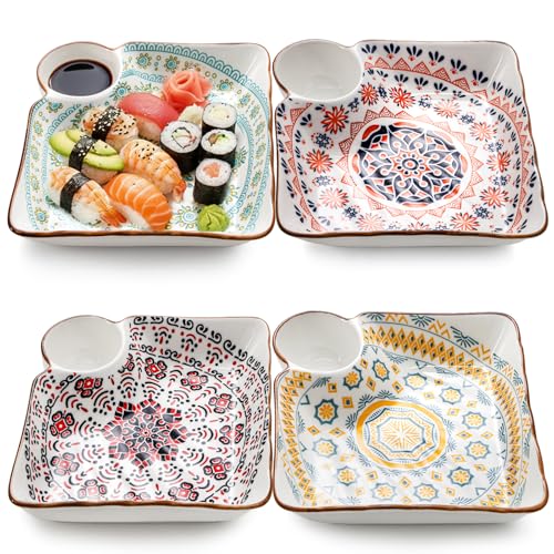 Pumtus 4 Pack Ceramic Dumpling Plates with Dipping Saucer, 7.3'' Individual Chip and Dip Serving Platter, Square Japanese Sushi Dish Tray, Colorful Serving Bowl for Appetizer Snack Fries Gyoza Taco