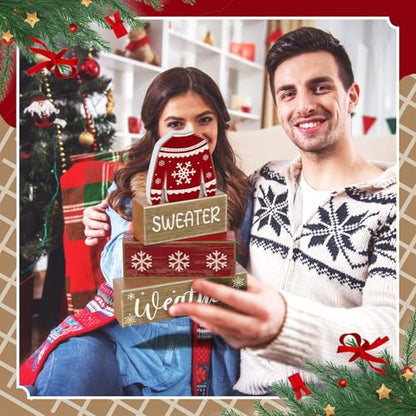 Lineshading 4 Pcs Christmas Table Decorations Ugly Sweater Christmas Decor Winter Tiered Tray Decor Xmas Centerpiece Decorative Ugly Sweater Block Signs Gift Farmhouse Xmas Decoration for Home Kitchen - style: Christmas Sweate