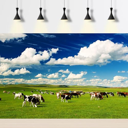Green Meadow Cows Backdrop Rural Pasture Cows Group Grazing on Grassland Photography Background White Clouds Blue Sky Green Grass Meadow Farm Themed Party Backdrop for Photo Studio Props 5x3ft - color: Green Blue, size: 5x3ft