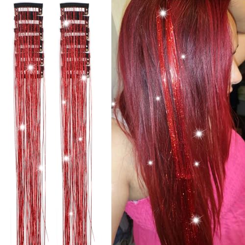 Hair Tinsel Clip in 12 Pcs Glitter Tinsel Hair Extensions Red 20 Inch Fairy Hair Clip in Hair Tinsel Heat Resistant Sparkly Hair Accessories for Girls Women Kids (Red) - color: Red