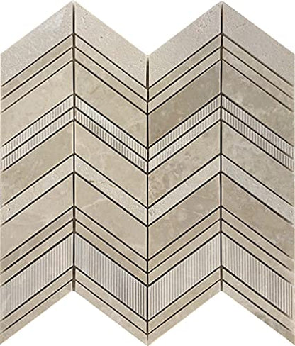 4 x 5 Beige Textured Chevron Crema Marfil Marble Mosaic Sample Tile Having 1 sqft Coverage - color: Beige, size: Sample Swatch (4 x 5 in)