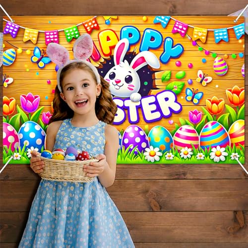 BlissYard Happy Easter Party Backdrop Banner Bunny Backdrop 71x43 Inch Spring Easter Cute Rabbit Colorful Eggs Floral Background Photography Baby Shower Party Photo Booth Props - color: Easter Bunny#6