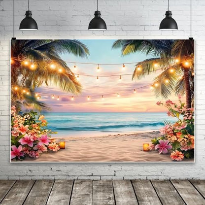 Yeele 9x6ft Sea Beach Backdrop for Photography Summer Tropical Floral Palm Trees Ocean Wave Sunset Sea Scenic Background for Hawaii Holiday Travel Kids Adults Family Portrait Photo Shoot Props - size: 9x6ft