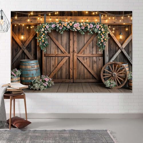 5x3ft Country Wedding Photography Backdrop Rustic Barn Door Photography Backdrop Farmhouse Pink Flower Cabin Wooden Birthday Baby Shower Wedding Bridal Party Banner Photo Booth Props Background - color: Multi1, size: 5X3FT