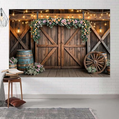 5x3ft Country Wedding Photography Backdrop Rustic Barn Door Photography Backdrop Farmhouse Pink Flower Cabin Wooden Birthday Baby Shower Wedding Bridal Party Banner Photo Booth Props Background - color: Multi1, size: 5X3FT