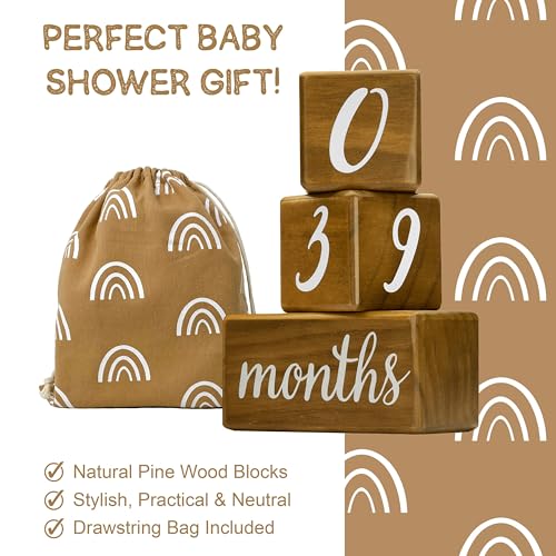 Pondering Pine Baby Milestone Blocks - Natural Brown Stain Pine Wood with Weeks Months Years Grade and Holidays, Newborn Weekly Monthly First Year Picture Props, 6 Block Milestones Age Set with Bag - color: Brown, size: 6 Piece