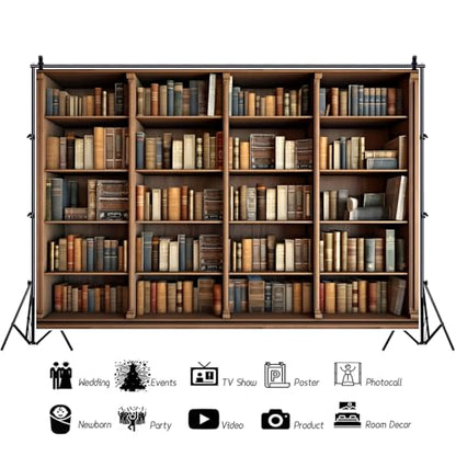 8x6ft Library Bookshelf Photography Backdrop Library Office Study Room Bookcase Photo Background Video Conference School Online Class Poster Banner Decor Wallpaper Portrait Video Studio Prop