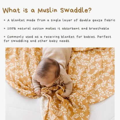 Mini Wander Swaddles for Newborns Muslin Swaddle Blankets - Breathable Soft Gender Neutral Receiving Blanket Baby Essentials | 47 x 47 Cotton - Leafy Sprig (Mustard) - color: Leafy Sprig (Mustard)