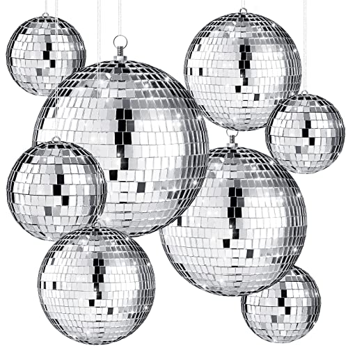 Haull 8 Pcs Large Disco Ball Set Silver Mirror Disco Reflective Ball with Hanging Ring Party Ornament Decoration for Stage Club Ballroom Dance Hall Wedding Prom Props(12'', 8'', 6'', 4'') - size: 12'', 8'', 6'', 4''