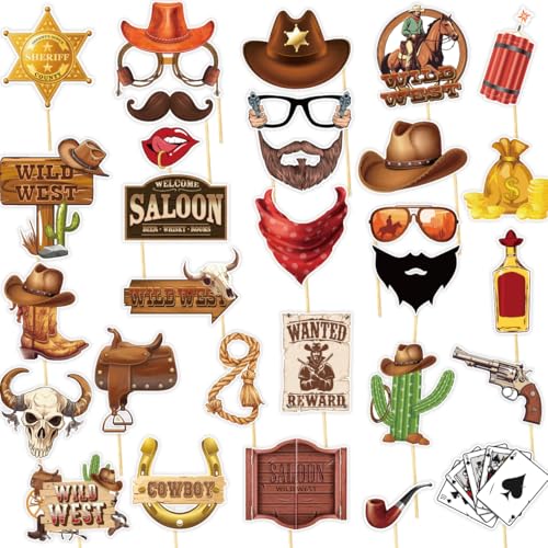 Western Cowboy Photo Booth Props, Tumwisk 30PCS Western Party Decorations, Rodeo Themed Party Selfie Props, Wild West Themed Photo Props for Birthday Western Theme Party Supplies - color: Cowboy