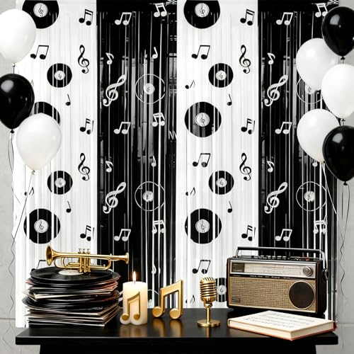 Gilprop 2 Pcs Music Party Decoration Backdrop Curtains Graduation Foil Fringe Musical Background Vinyl Record and Musical Note Curtain for Grad Music Birthday Party Decorations, 3.28 x 6.56ft