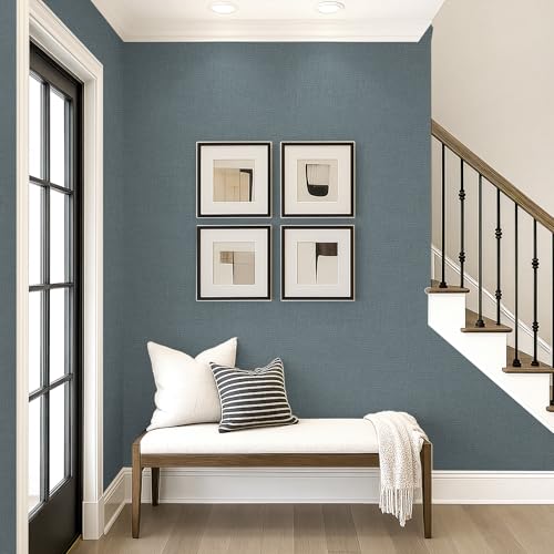 Peel and Stick Grasscloth Wallpaper Texture Navy Blue Faux Linen Contact Paper Self Adhesive Removable Vinyl Wall Paper for Bedroom Cabinets Shelf Liners Waterproof Easy Clean 17.3 x 240 Inch - color: Navy Blue, size: 17.3" x 240"