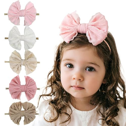 5PCS Baby Girl Bow Headbands Soft Stretchy Nylon Hair Bows for Newborn Infant Toddler Cute Solid Color Bowknot Headwear for Party Photo Props Gifts(Mixed, Elastic)