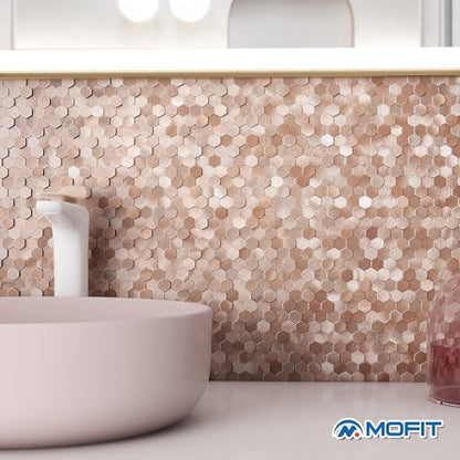 3D Metal Peel and Stick Backsplash for Kitchen,Mini Hexagon Tile Stickers Self Adhesive Wall Tiles Heat Resistant(8 Sheets,Rose Gold) - color: Rose Gold