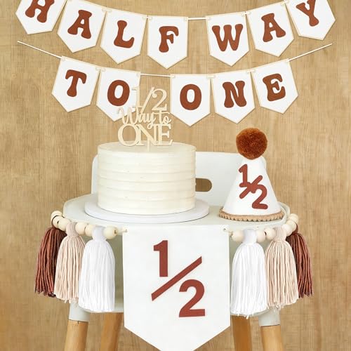 1/2 Birthday Brown Half Birthday Decorations - White Brown It's My 1/2 Birth Banner Glitter Cake Topper Tassel Wood Bead High Chair Banner & Cone, Hat Halfway to One Party Supplies - color: Brown