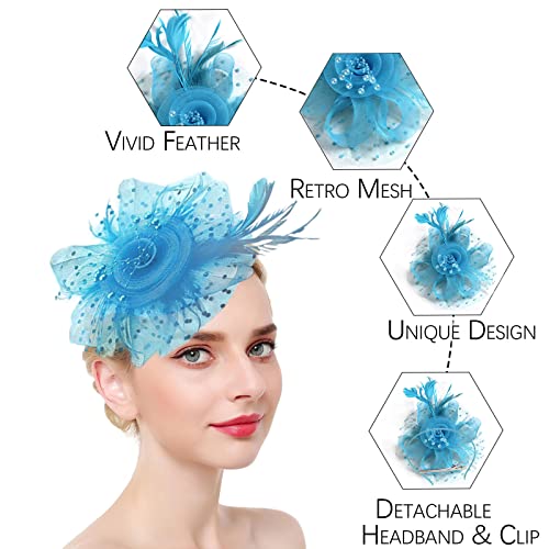 Fascinators Hats with Gloves Set for Women 20s 50s Cocktail Tea Party Wedding Costume Headwear - color: 02 Sky Blue