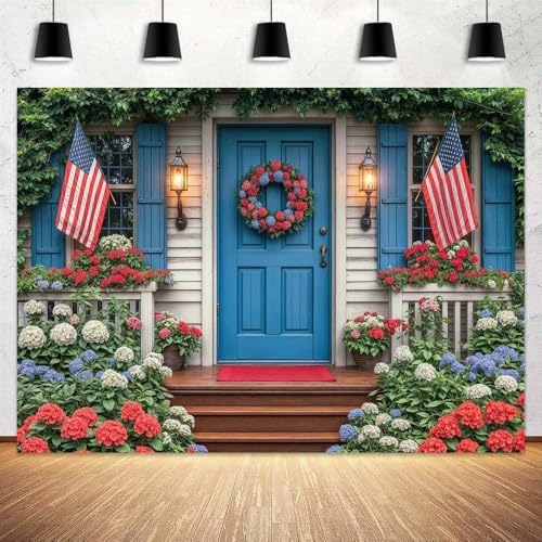 10x8 ft 4th of July Backdrop American Flag Red Blue Garden House Independence Day Photography Background Patriotic Veterans Day Party Photo Backdrop Decoration - color: Multi2, size: 10x8ft