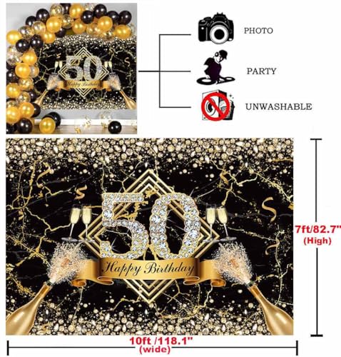 Sensfun Happy 50th Birthday Backdrop - Black Gold Marble Texture Glitter Diamonds Fabulous Birthday Photography Background Supplies - 10x7ft - size: 10x7ft