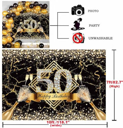 Sensfun Happy 50th Birthday Backdrop - Black Gold Marble Texture Glitter Diamonds Fabulous Birthday Photography Background Supplies - 10x7ft - size: 10x7ft