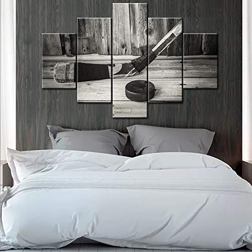 5 Piece Canvas Wall Prints Art Vintage Hockey Stick and Puck On Old Wooden Background Painting Gray Rustic Artwork Picture Decor for House Living Room Office Wooden Framed Ready to Hang(60''Wx40''H) - color: Artwork-34, size: 60''W x 40''H