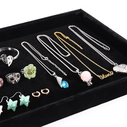13.8" x 9.5" Velvet Jewelry Tray Jewelry Display Tray, Stackable Empty Plate Trays for Earrings Necklaces Bracelet Rings Display Showcase - Black - color: Black, size: Flat Tray 13.8"x9.5"