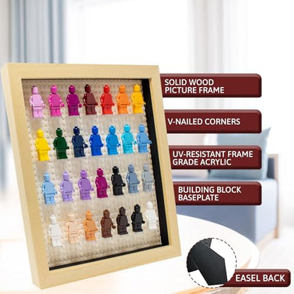 Figurine Display Case 10x10 Natural Shadow Box for Miniature Figures 10x10 Natural Wood Shadow Box with White Base to Display Up to 28 Block Figures - color: Natural With White Backing, size: 10x10