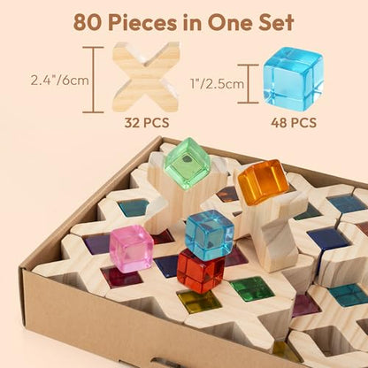 Woodtoe Wooden Building Blocks for Kids, 48 PCS Rainbow Acrylic Gem Cubes Blocks - 32 Wooden Blocks, Montessori Stacking Toy for Toddlers, Educational STEM Learning Sensory Toy Gifts for Boy Girl 3-6 - style: 80 PCS Rainbow Blocks Set