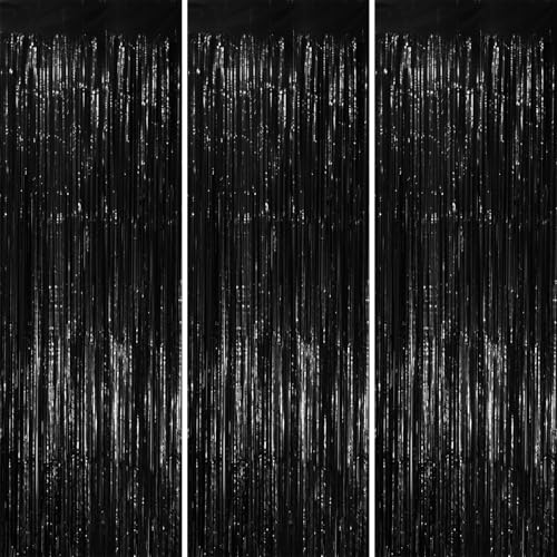 Voircoloria 3 Pack 3.3x8.2 Feet Black Foil Fringe Backdrop Curtains, Tinsel Streamers Birthday Party Decorations, Fringe Backdrop for Graduation, New Years, Halloween, Disco Party - color: 09 Black