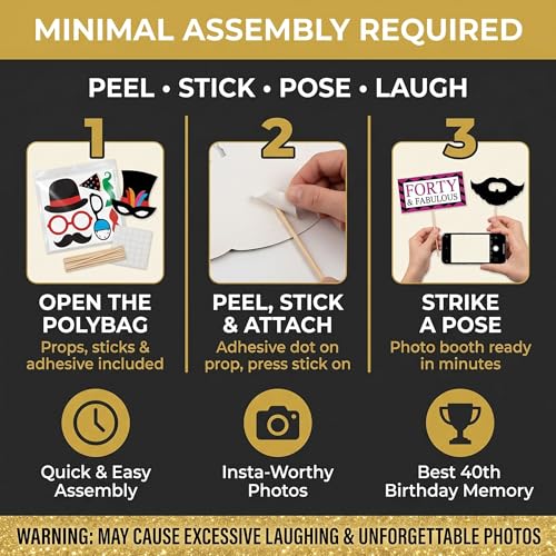 40th Birthday Photo Booth Props - 40 Pieces - Funny Birthday Party Supplies for Him or Her - Photo Booth Decorations, Favors and Gifts