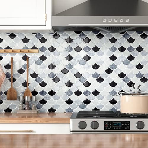 WESTICK 3D Textured Marble Peel and Stick Backsplash Heat Resistant Kitchen Backsplash Tiles Waterproof Shell Peel and Stick Wall Tiles for Bathroom Sink Camper Grey White Black 10 Sheet 12" x 12" - color: 10.black Grey