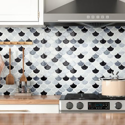 WESTICK 3D Textured Marble Peel and Stick Backsplash Heat Resistant Kitchen Backsplash Tiles Waterproof Shell Peel and Stick Wall Tiles for Bathroom Sink Camper Grey White Black 10 Sheet 12" x 12" - color: 10.black Grey