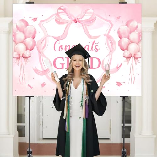 Pink Bow Graduation Party Decorations Backdrop Banner 7 x 5 ft Congrats Grad Background Photo Booth Prop Vinyl Pre-Punched Hole for Girl Class of 2026 Congrats Grad Congratulations Party - size: 7*5ft