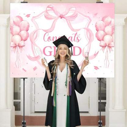 Pink Bow Graduation Party Decorations Backdrop Banner 7 x 5 ft Congrats Grad Background Photo Booth Prop Vinyl Pre-Punched Hole for Girl Class of 2026 Congrats Grad Congratulations Party - size: 7*5ft