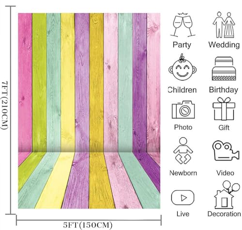 XCKALI Colorful Wood Photography Background Colorful Rustic Wooden Texture Easter Backdrop Party Decor Photo Props (5x7ft) - size: 5x7ft