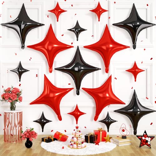 Black Red Star Balloons, 16 PCS Black Four Angle Star Foil Balloons, 26 Inch and 10 Inch Red Stars Shaped Balloon for Graduation Birthday Baby Shower Retirement Engagement New Year Party Decorations - color: Black Red
