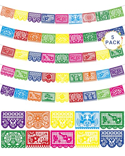 90 FT Fiesta Party Decorations, 5 Pack Cinco De Mayo Banner, Large Plastic Papel Picado Mexican Themed Party Banner Dia De Los Muertos String Flags Colorful Indoor Outdoor Hanging Home Yard Decor