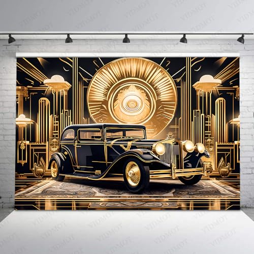 Roaring 20s Background 7x5ft Black Gold Retro Texture Background for 20's Prom Party Decor Portrait Photo Shoot 1920s Vintage Car Backdrop Photography Studio Set Props BJXPVV841 - size: 7x5FT