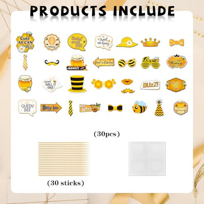 INNORU Bee Honey Photo Booth Props, Bumble Bee Baby Shower Photoshoot New Mom Wedding Party Photography Props Favor Centerpiece Sticks Decorations 30 PCS