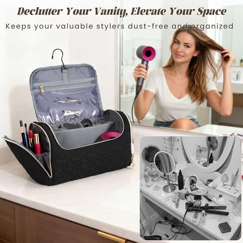 Large Travel Carrying Case for Dyson Airwrap & Shark FlexStyle, Waterproof Hair Tool Organizer Bag with Customizable Dividers, Padded Storage Pouch for Stylers & Attachments, Black