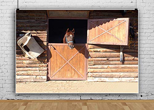AOFOTO 7x5ft Rustic Wooden Horse Stable Backdrop Vintage Ranch Barn Log Cabin Farm Stall West Wild Photography Background Western Cowboy Theme Birthday Kentucky Party Decoration Photo Studio Props - size: 7x5ft