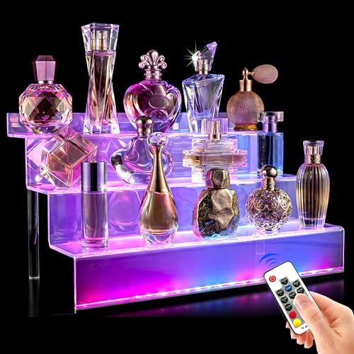 12 IN Clear Acrylic Display Riser Shelf with LED light,3 Tier Display Step Shelves Holder, Perfume Cologne Organizer Holder,Pops Toys Figures, Clear Cupcake Riser, Dessert Shelf, Decoration on - color: LED+Clear+12IN+3 Tier