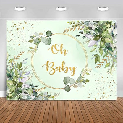 Sensfun Sage Green Baby Shower Backdrop Neutral Baby Shower Decorations Greenery Eucalyptus Gold Oh Baby Banner Photography Background for Boy Girl Gender Reveal Party Photo Booth Supplies 10x6.5ft - size: 10X6.5ft