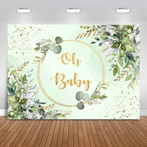 Sensfun Sage Green Baby Shower Backdrop Neutral Baby Shower Decorations Greenery Eucalyptus Gold Oh Baby Banner Photography Background for Boy Girl Gender Reveal Party Supplies Photo Booth Props 5x3ft - size: 5X3ft