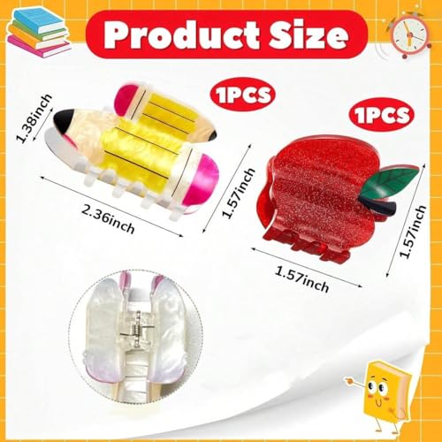 2 Pcs Red Apple Hair Clips, Acetate Yellow Pencil Claw Clips for Women Girls Cute Stylish Hair Accessories Student Back to School Hair Jaw Barrettes Teacher Appreciation Gifts - color: Back School B