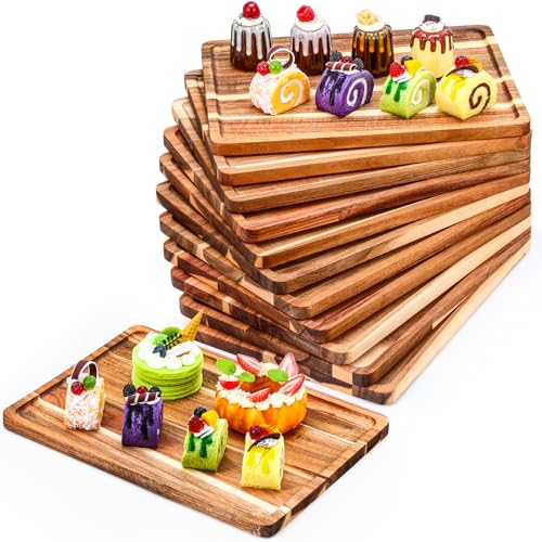 Roshtia 12 Pcs Acacia Wood Serving Tray Rectangular Wooden Serving Platter Christmas Dinner Plates Wood Cheese Charcuterie Board for Food Vegetable, Charcuterie, Appetizer (10'' X 14'' X 0.6'') - size: 10'' X 14'' X 0.6''