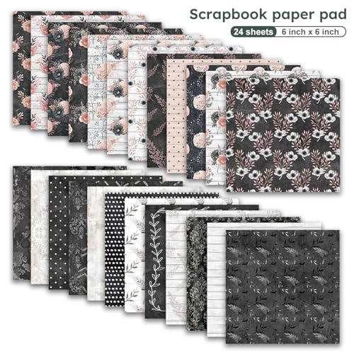 24 Sheets 6in Flowers Scrapbook Paper Pad - Double Sided Aesthetic Design Patterns Decorative for DIY Crafts Photos Album Travel Journaling Supplies Collage Card Wedding Gifts Wrapping - color: Romantic Pink Black