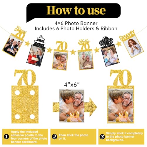 Guiruiy Black Gold 70th Birthday Decorations for Men Women, Pre-strung Glitter Happy 70th Birthday Hanging Photo Banner Party Supplies, Cheers to 70 Years Old Bday Banners - style: Black Gold 70th